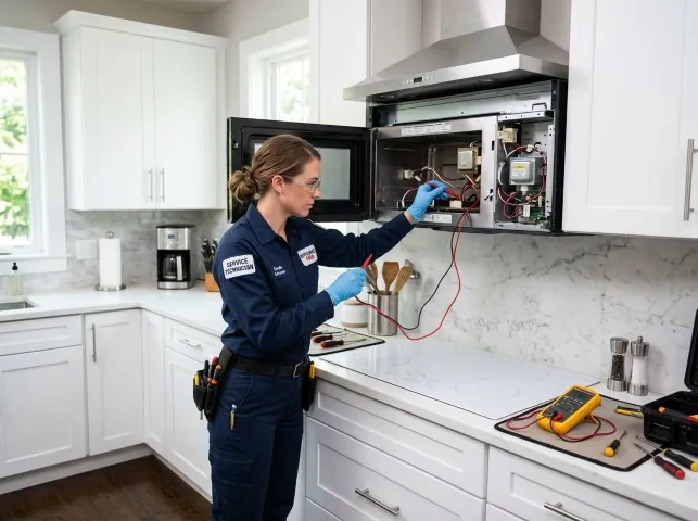 Appliance Repair Hero technician testing an over-the-range microwave in a Ardsley On Hudson, NY kitchen